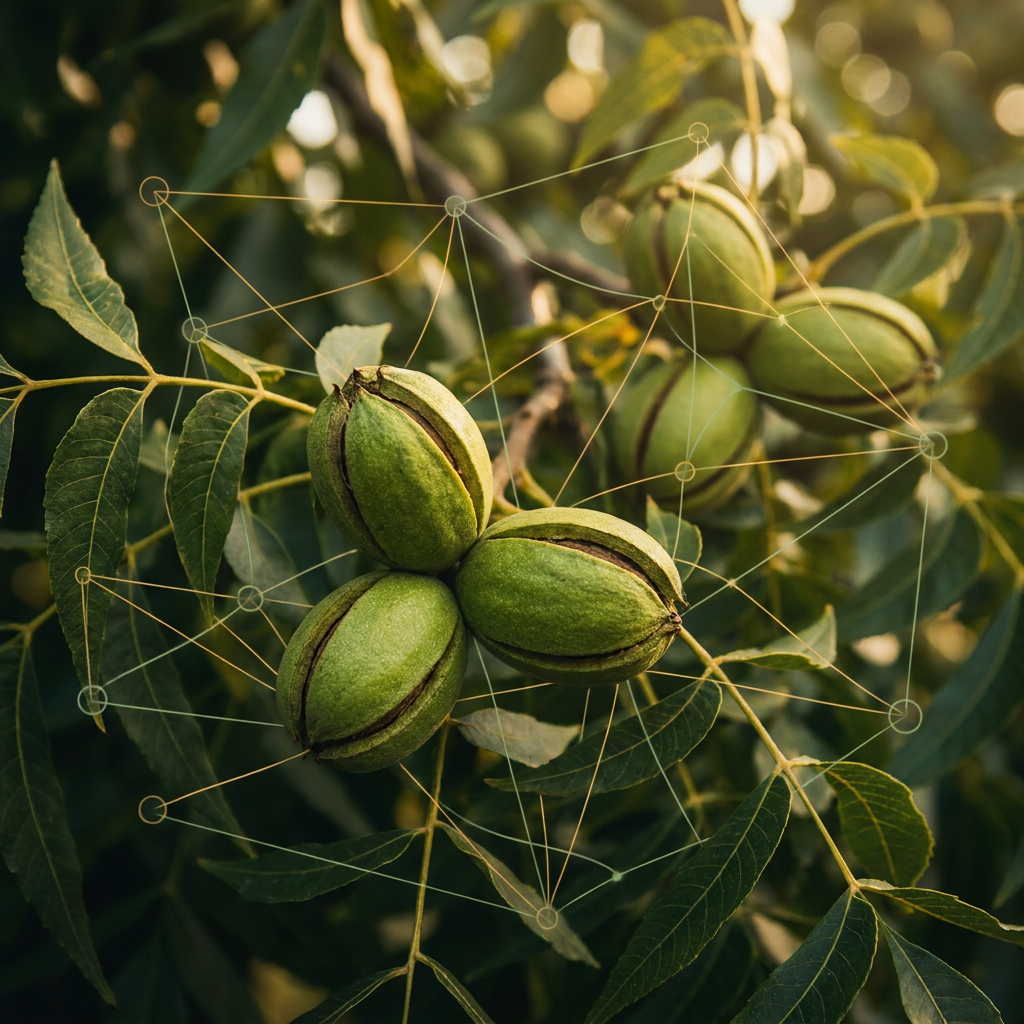 Noz-pecan em ramo com traços de conexão, simbolizando a rede que o ENAPecan reúne